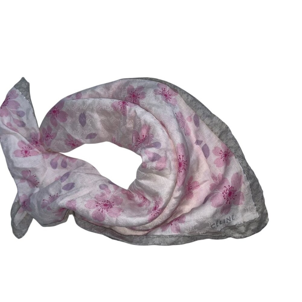celine paris france AUTHENTIC pink gray plumera floral print handkerchief scarf - Picture 3 of 4